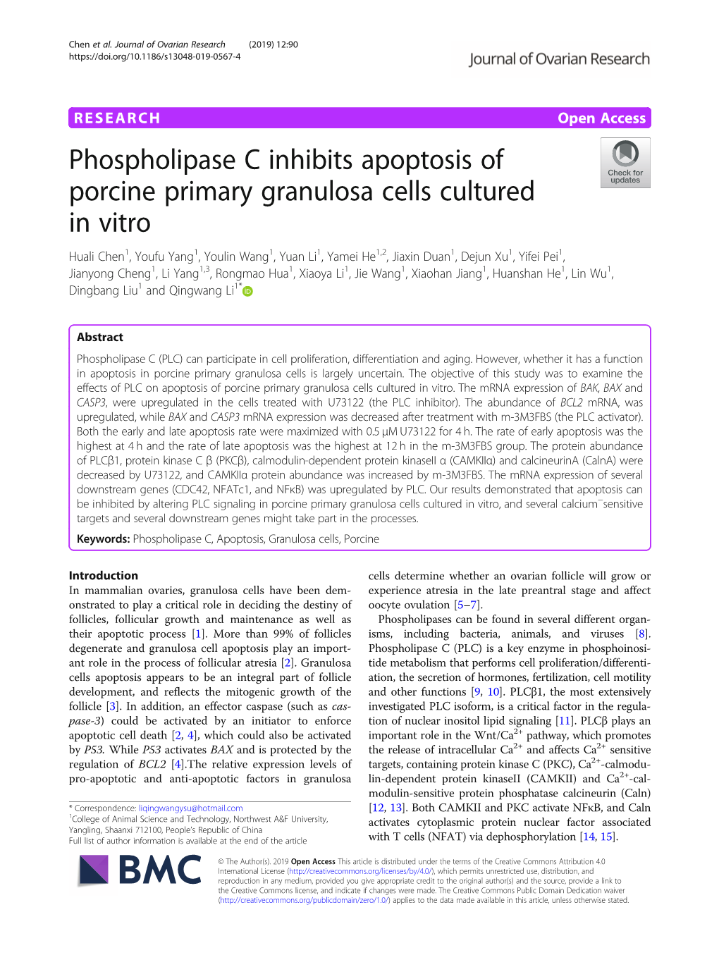 Phospholipase C Inhibits Apoptosis of Porcine Primary Granulosa Cells