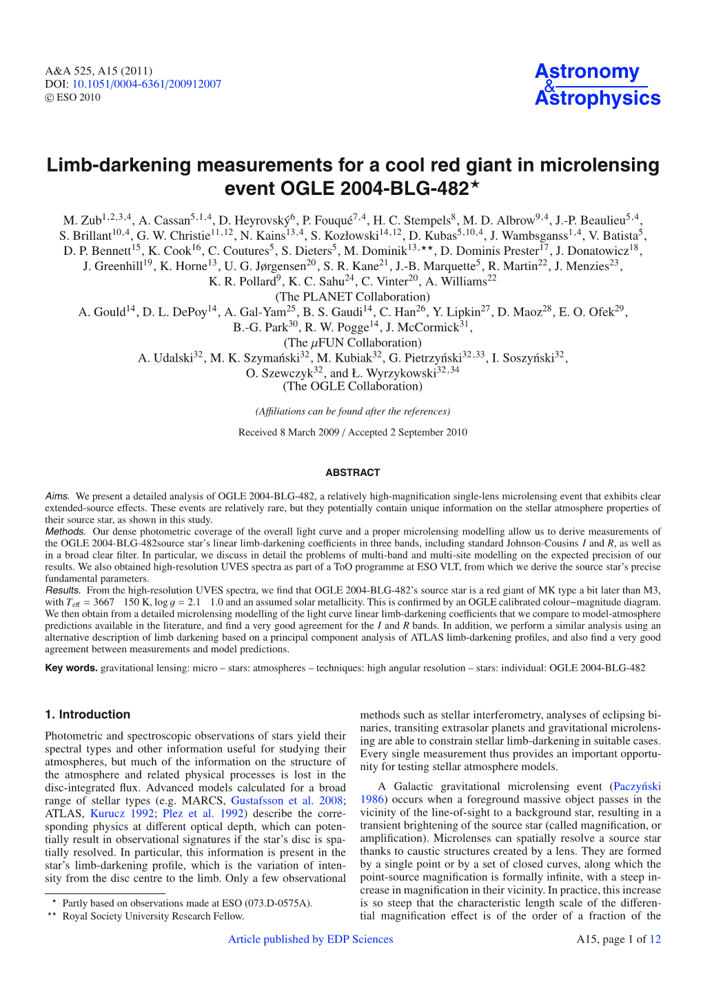 Limb-Darkening Measurements for a Cool Red Giant in Microlensing Event OGLE 2004-BLG-482