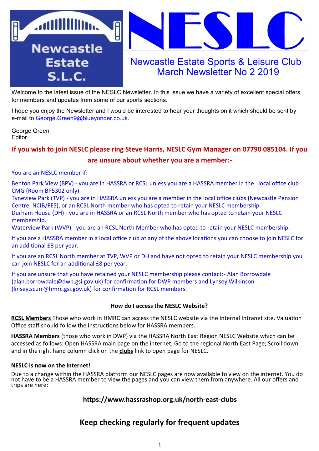 Newcastle Estate Sports & Leisure Club March Newsletter No 2 2019