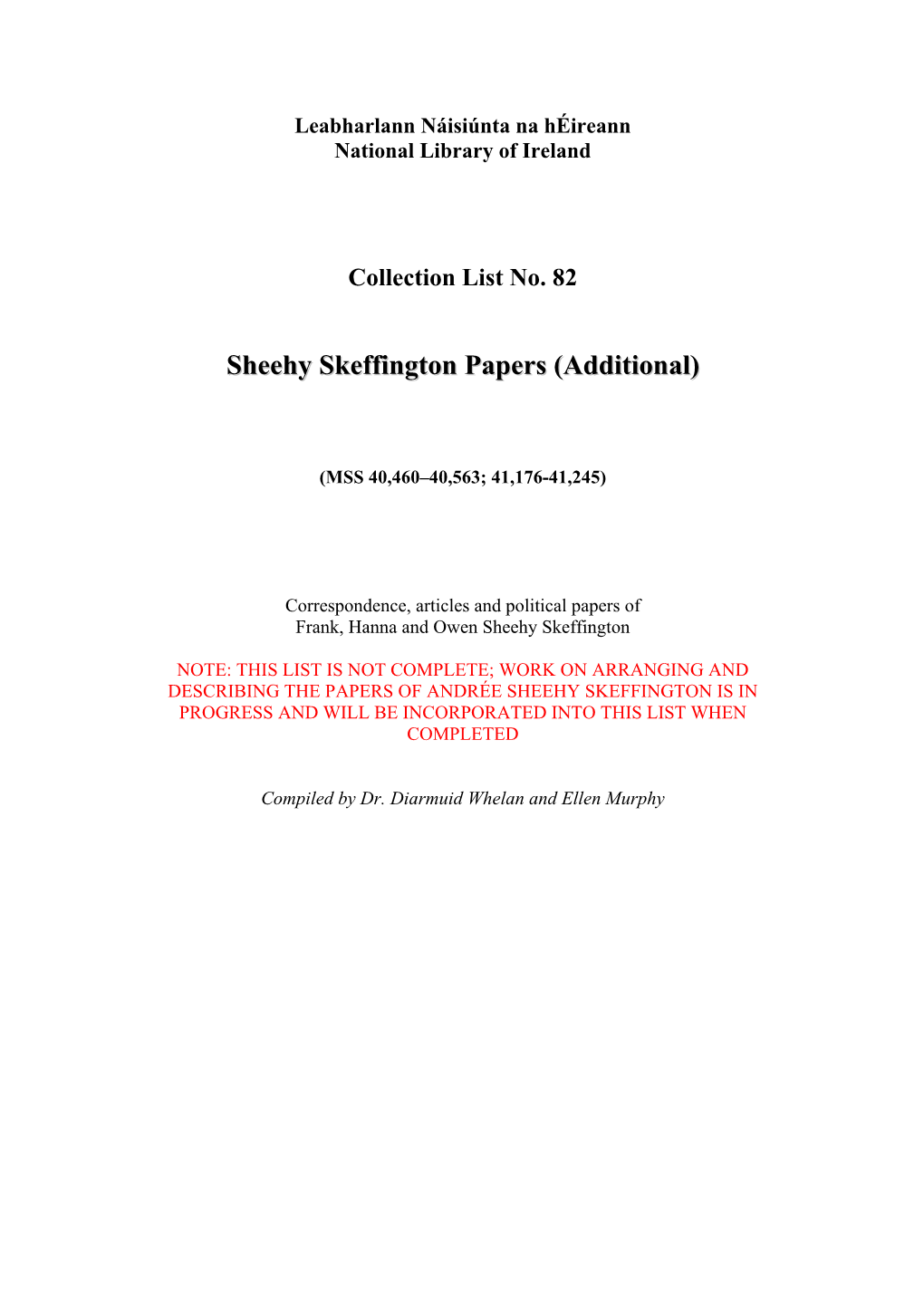 Sheehy Skeffington Papers (Additional)