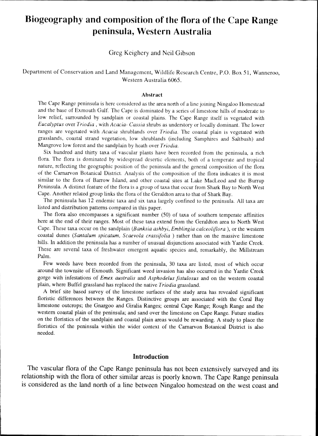 Biogeography and Composition of the Flora of the Cape Range Peninsula, Western Australia Download 4.11 MB