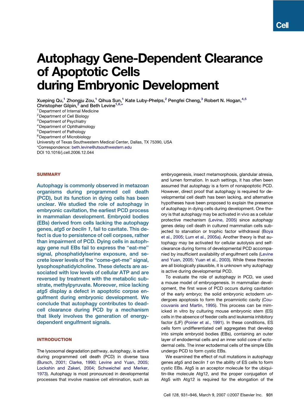 Autophagy Gene-Dependent Clearance of Apoptotic Cells During Embryonic Development