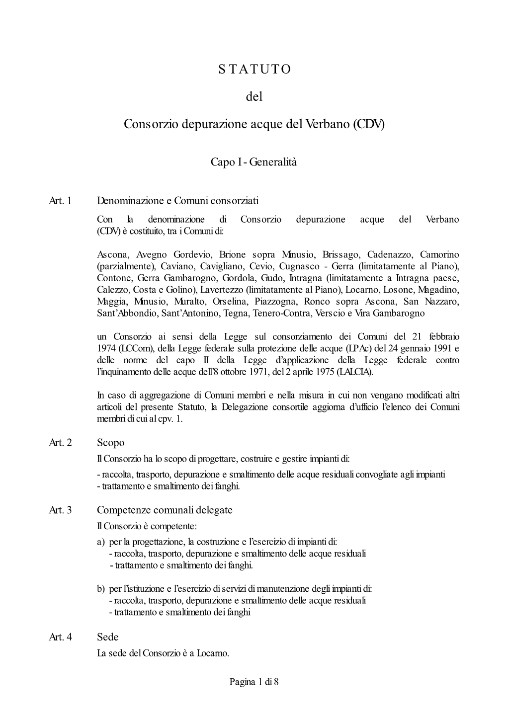 STATUTO Del Consorzio Depurazione Acque Del Verbano