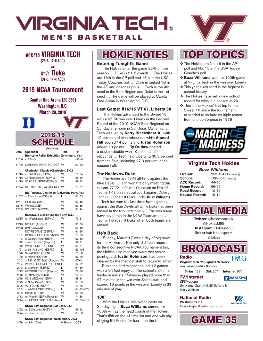 Top Topics Hokie Notes Broadcast Game 35 Social