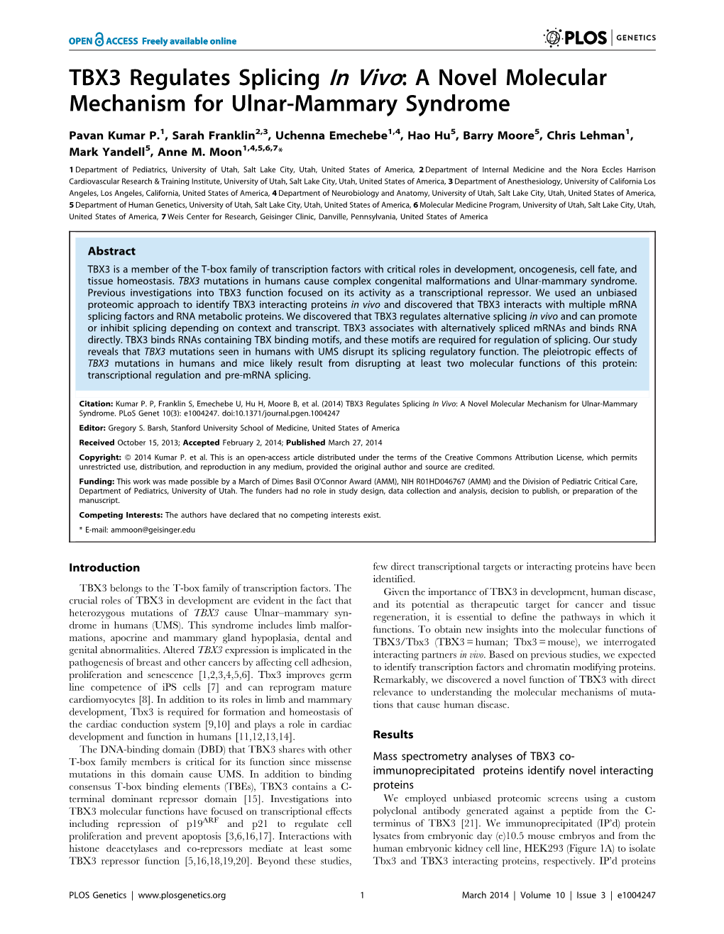 TBX3 Regulates Splicing in Vivo: a Novel Molecular Mechanism for Ulnar-Mammary Syndrome