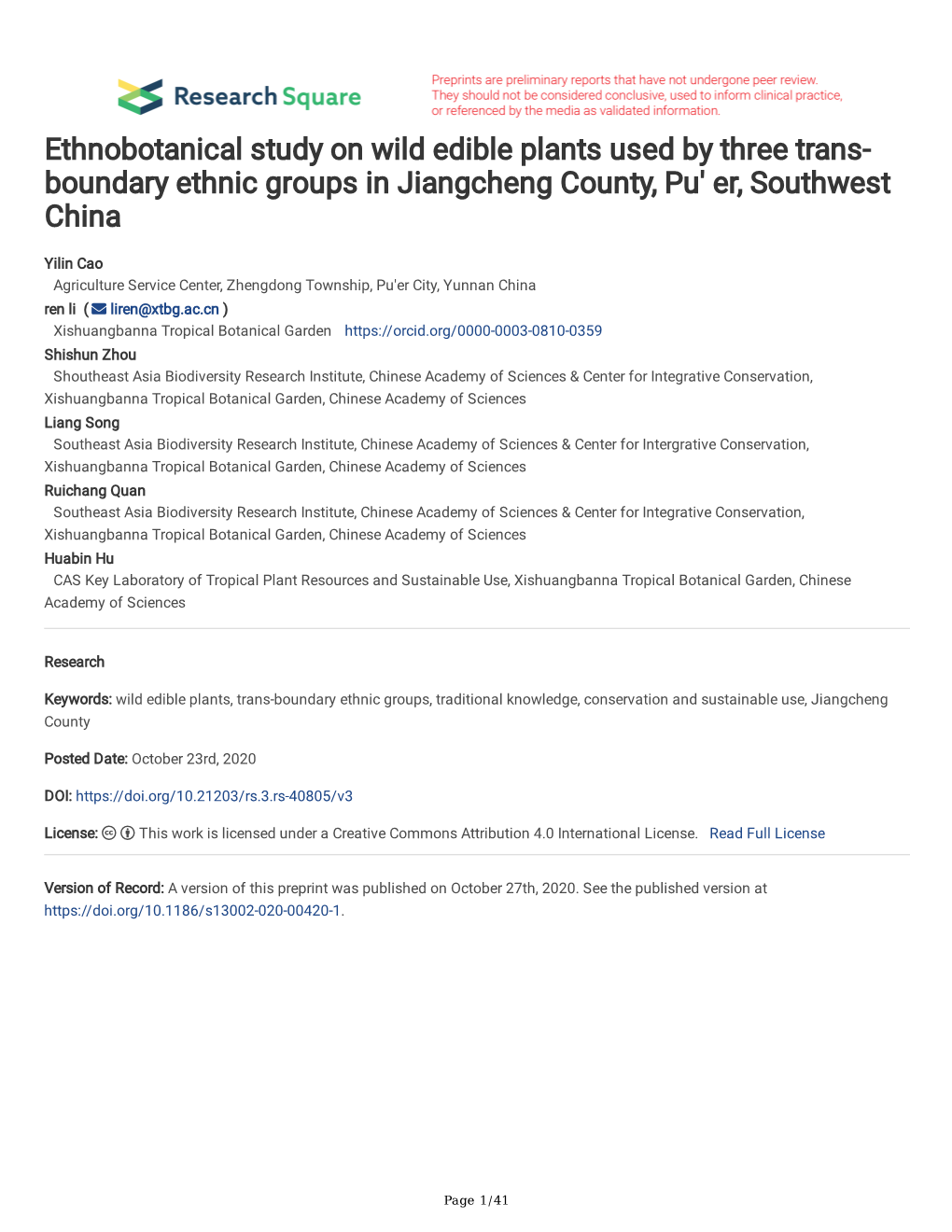 Ethnobotanical Study on Wild Edible Plants Used by Three Trans- Boundary Ethnic Groups in Jiangcheng County, Pu' Er, Southwest China