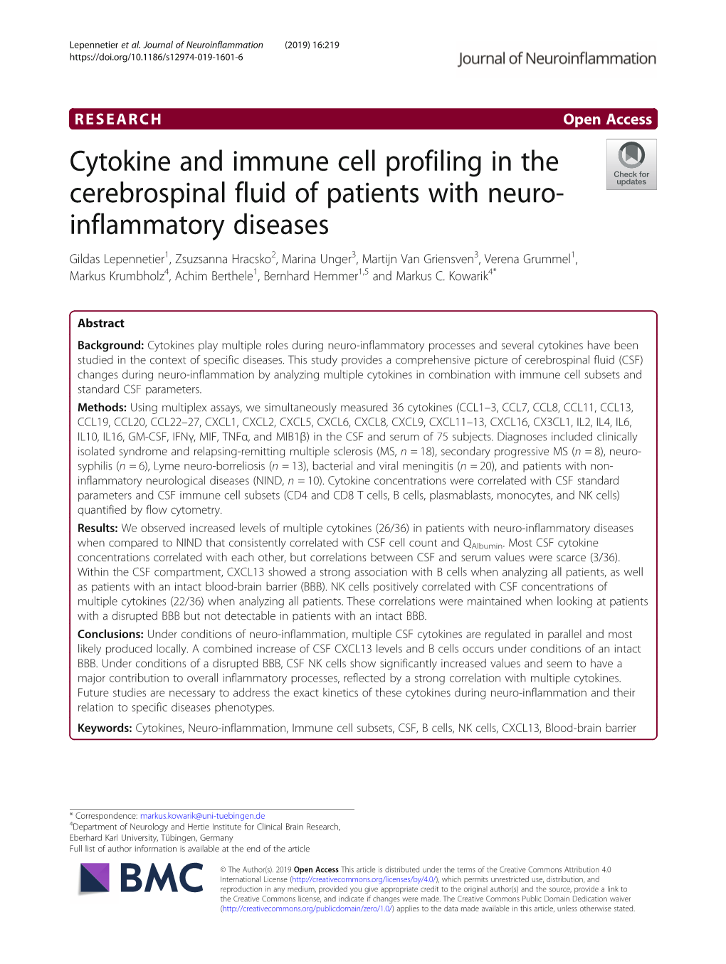 Cytokine and Immune Cell Profiling in the Cerebrospinal Fluid of Patients