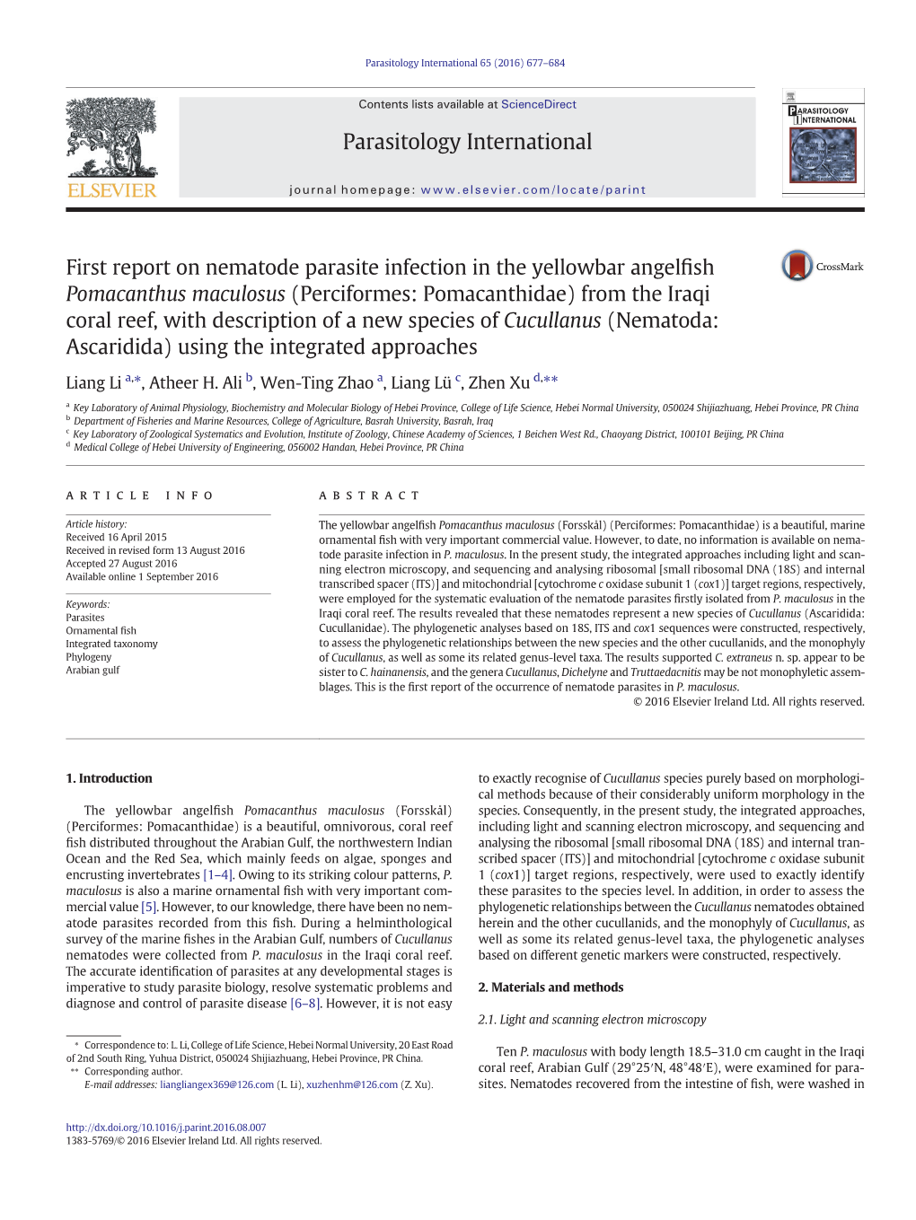 First Report on Nematode Parasite Infection in the Yellowbar Angelfish