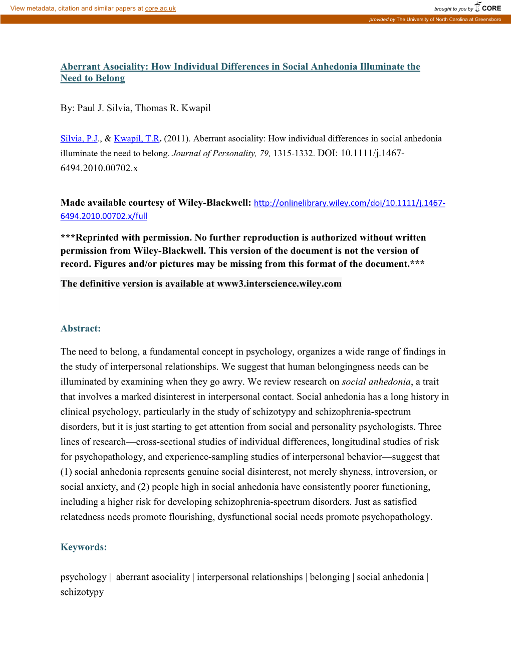 How Individual Differences in Social Anhedonia Illuminate the Need to Belong