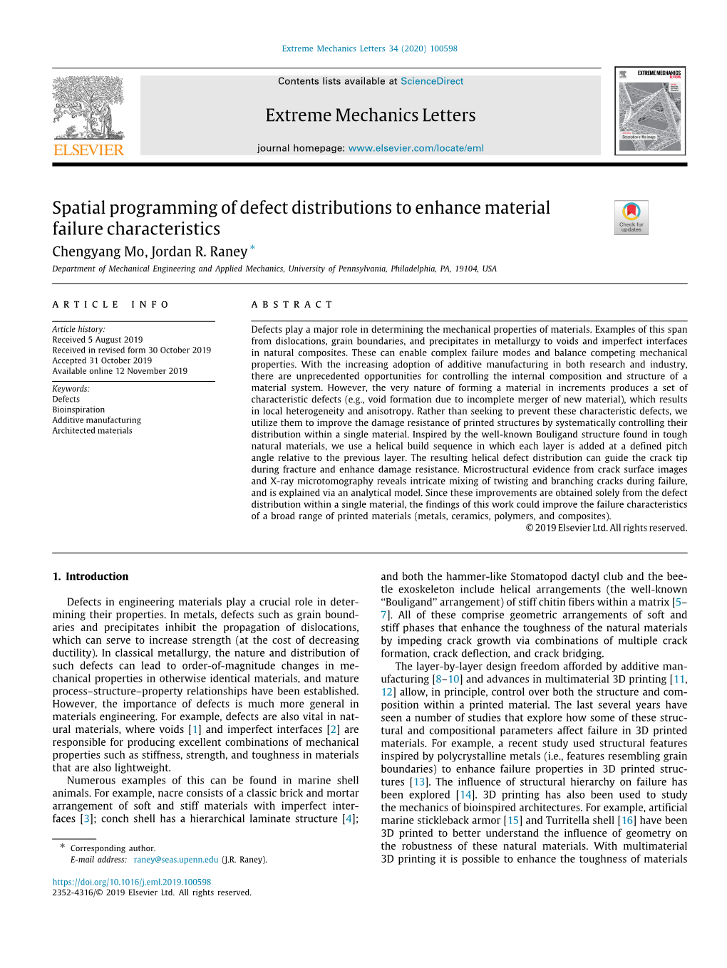 Spatial Programming of Defect Distributions to Enhance Material Failure Characteristics ∗ Chengyang Mo, Jordan R