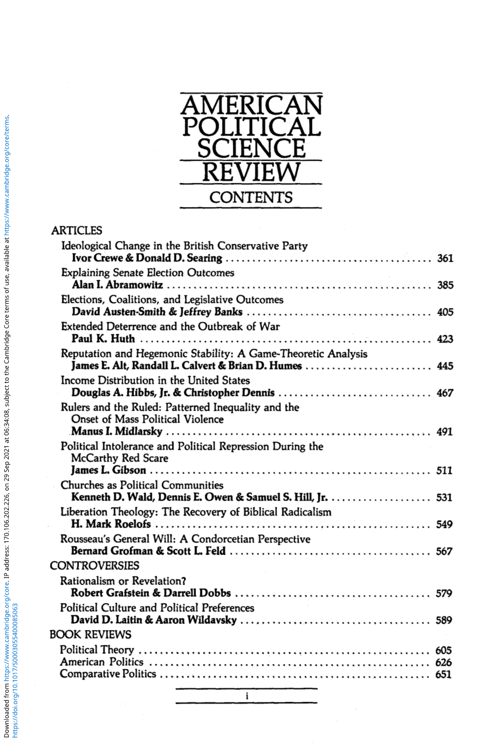 American Political Science Review Contents