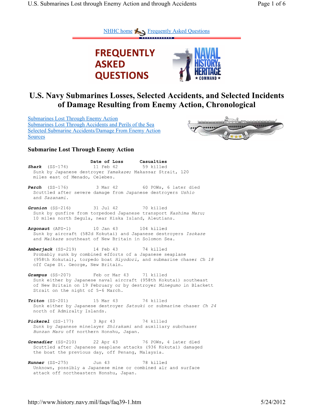 Submarines Lost Through Enemy Action and Through Accidents Page 1 of 6