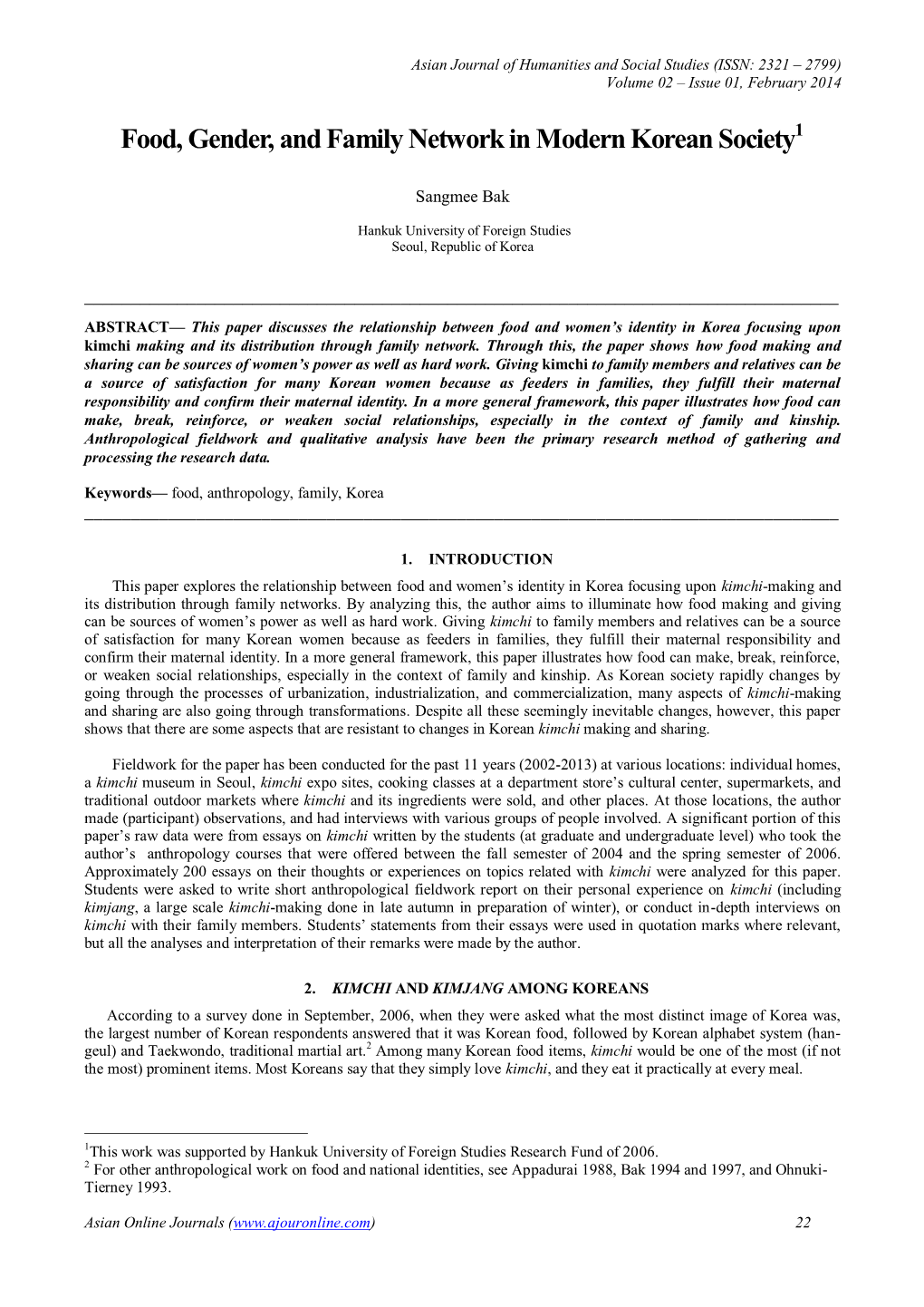 Food, Gender, and Family Network in Modern Korean Society1