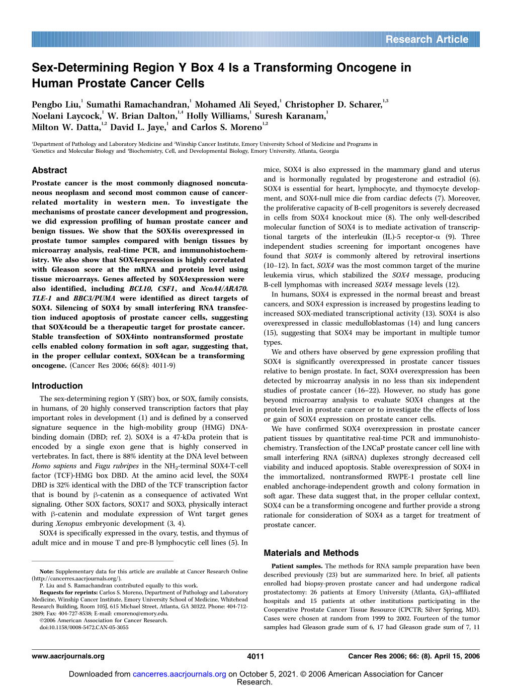 Sex-Determining Region Y Box 4 Is a Transforming Oncogene in Human Prostate Cancer Cells