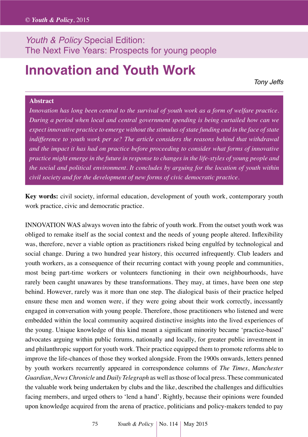 Innovation and Youth Work Tony Jeffs