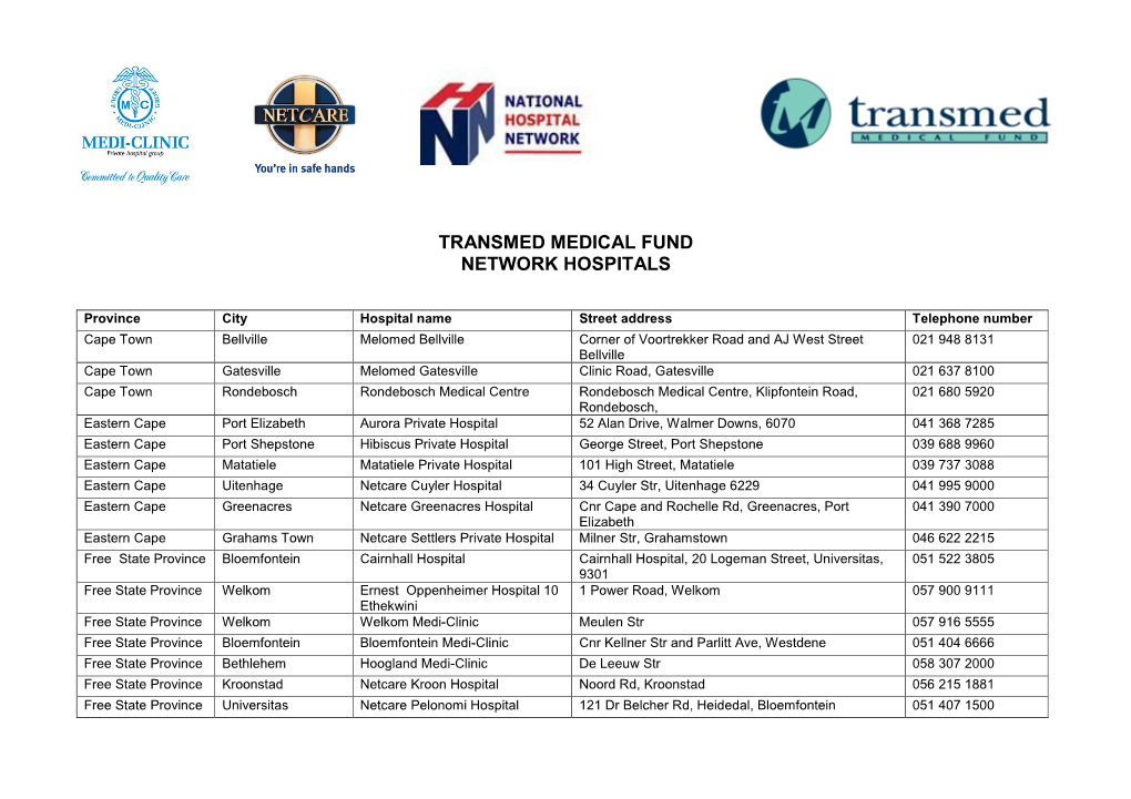 Transmed Medical Fund Network Hospitals