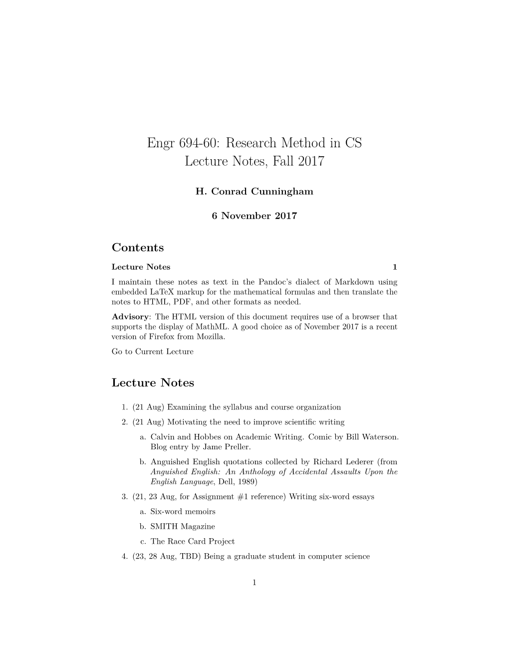 Research Method in CS Lecture Notes, Fall 2017