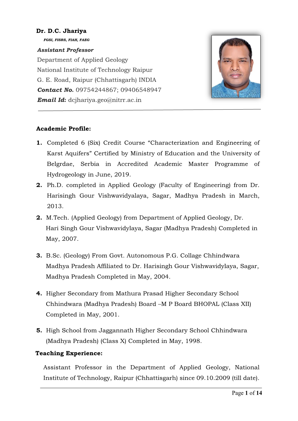Of 14 Dr. DC Jhariya Academic Profile