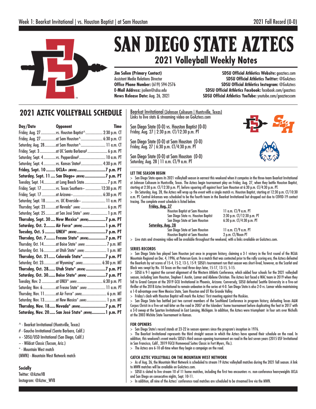 SAN DIEGO STATE AZTECS 2021 Volleyball Weekly Notes