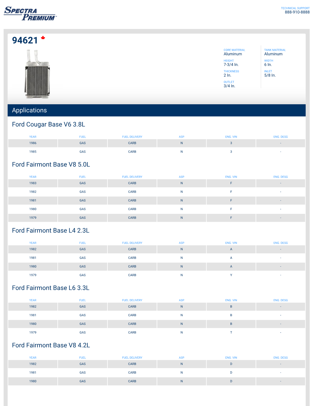 Applications Ford Cougar Base V6 3.8L Ford Fairmont Base V8 5.0L Ford