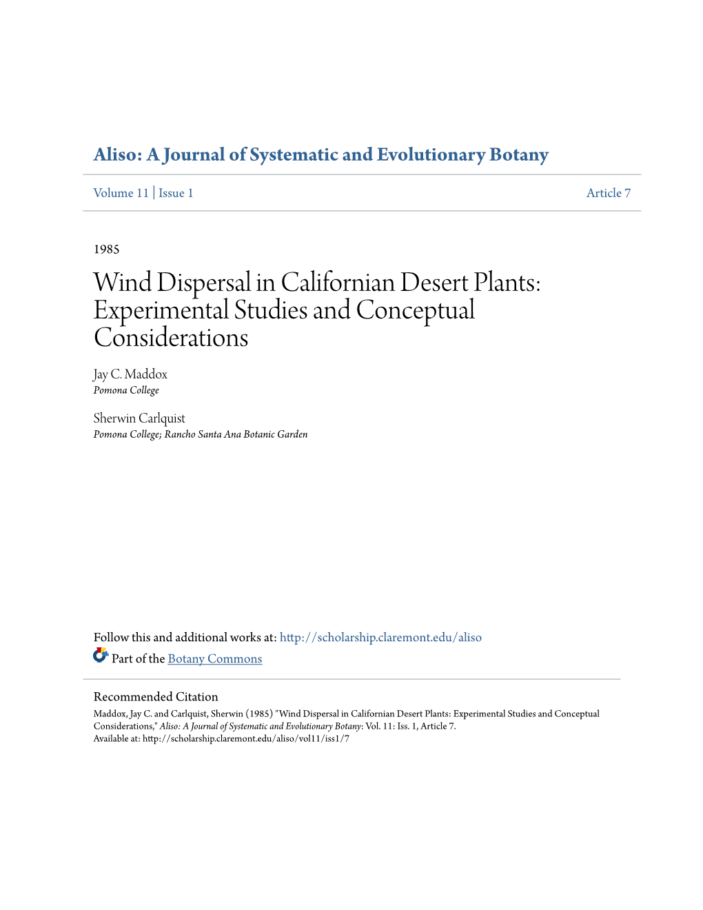 Wind Dispersal in Californian Desert Plants: Experimental Studies and Conceptual Considerations Jay C