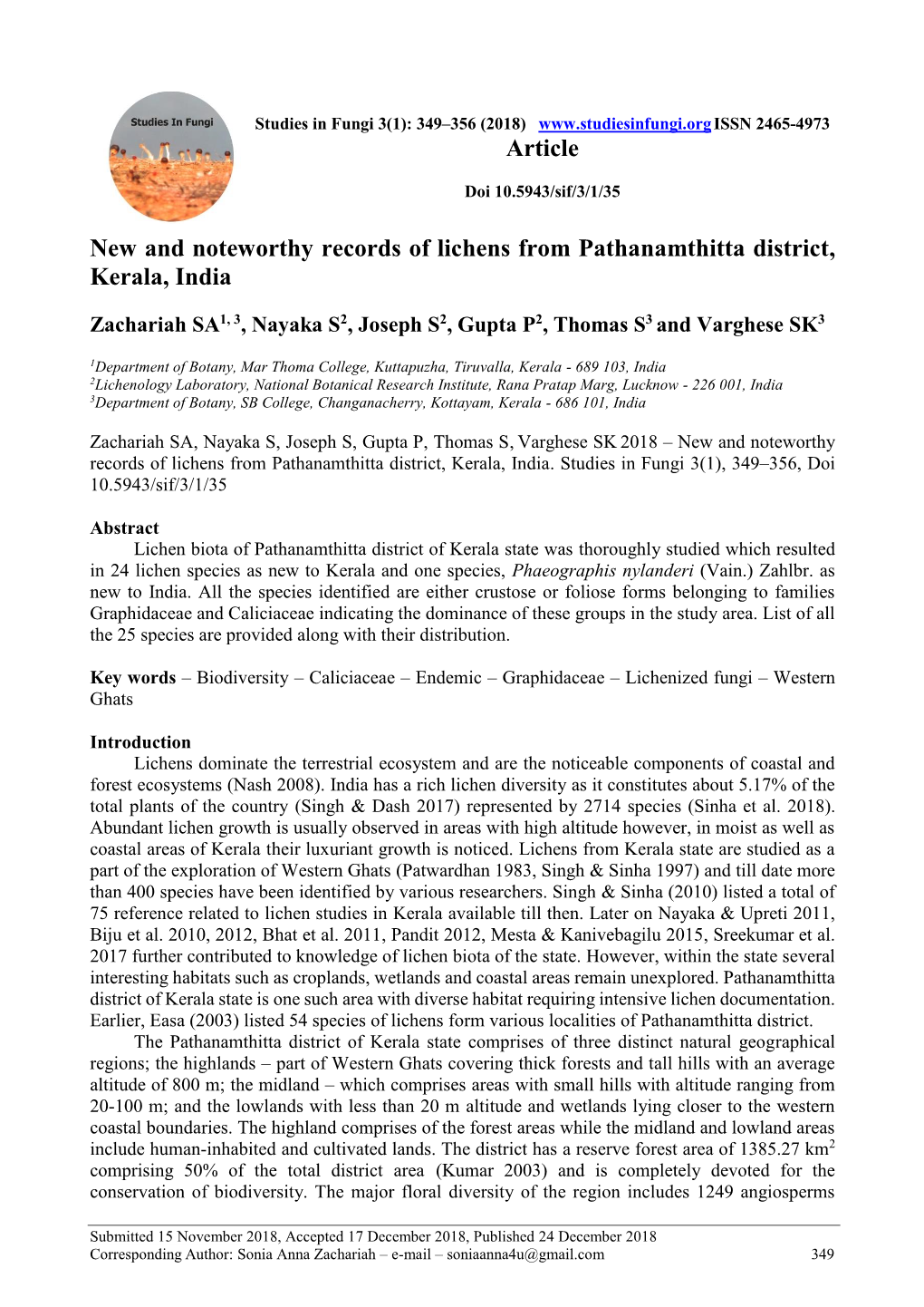 New and Noteworthy Records of Lichens from Pathanamthitta District, Kerala, India