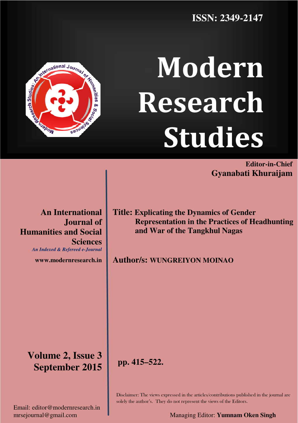 Explicating the Dynamics of Gender Representation in the Practices of Headhunting and War of the Tangkhul Nagas