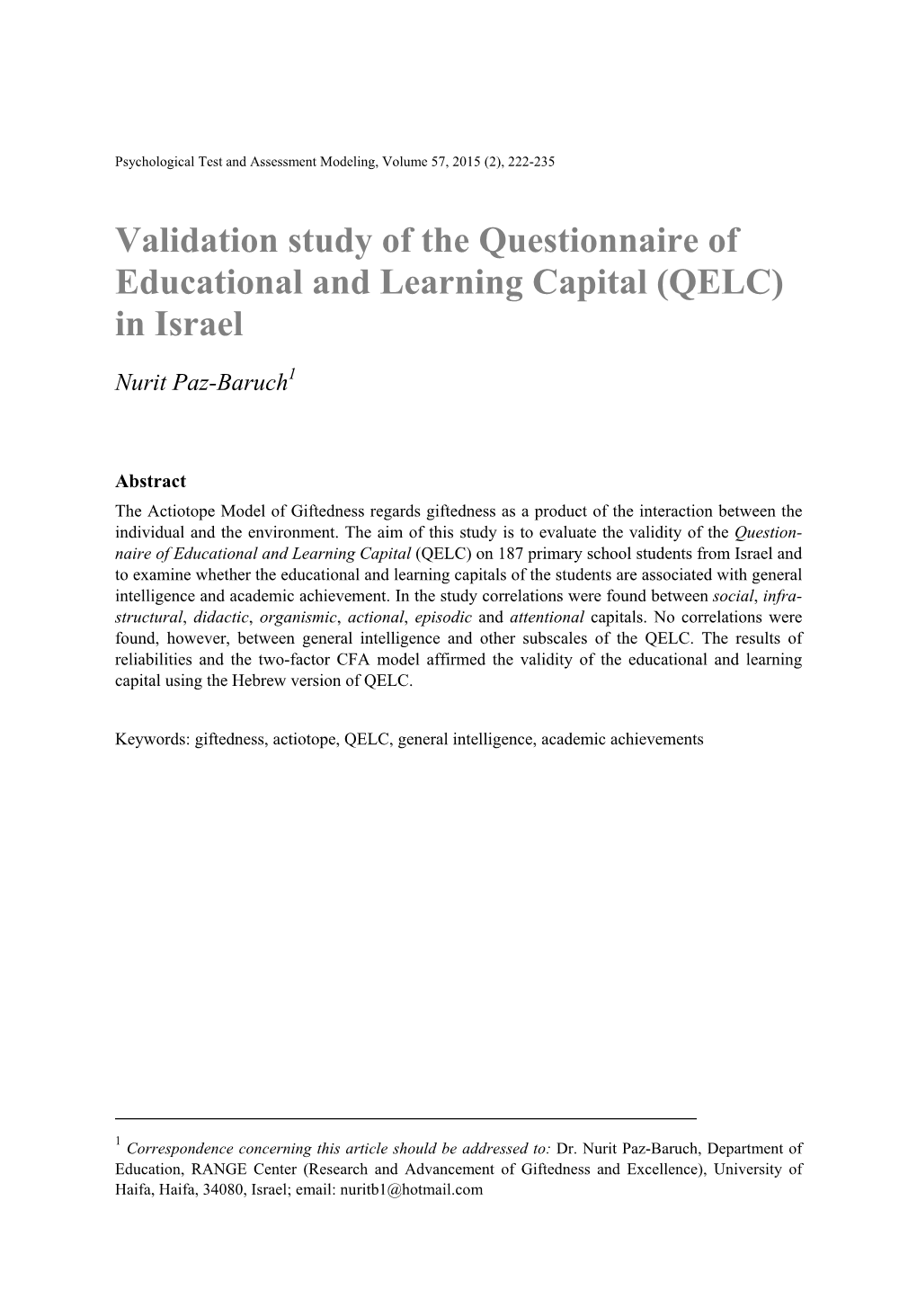 Validation Study of the Questionnaire of Educational and Learning Capital (QELC) in Israel