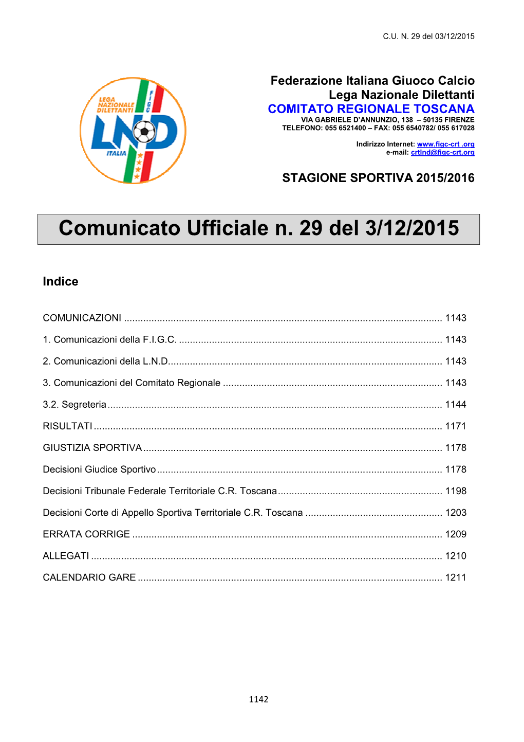 Comunicato Ufficiale N. 29 Del 3/12/2015