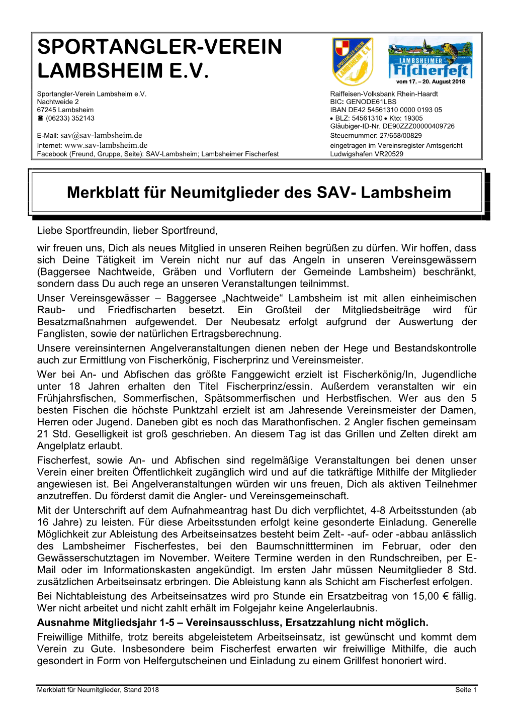 Merkblatt Für Neumitglieder Des SAV- Lambsheim