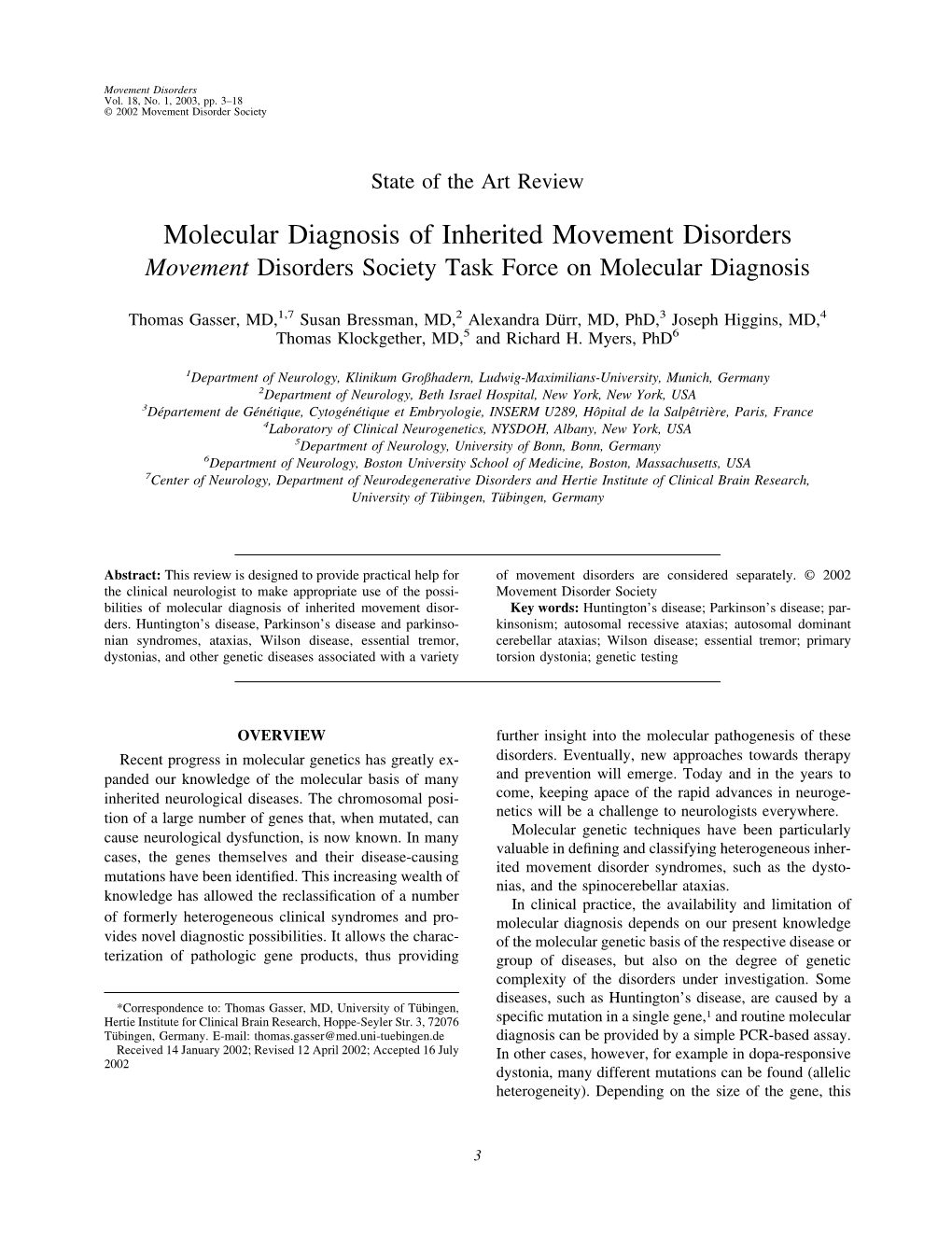 Molecular Diagnosis of Inherited Movement Disorders Movement Disorders Society Task Force on Molecular Diagnosis