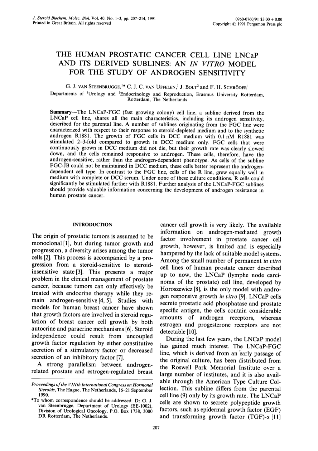 THE HUMAN PROSTATIC CANCER CELL LINE Lncap and ITS DERIVED SUBLINES: an in VITRO MODEL for the STUDY of ANDROGEN SENSITIVITY