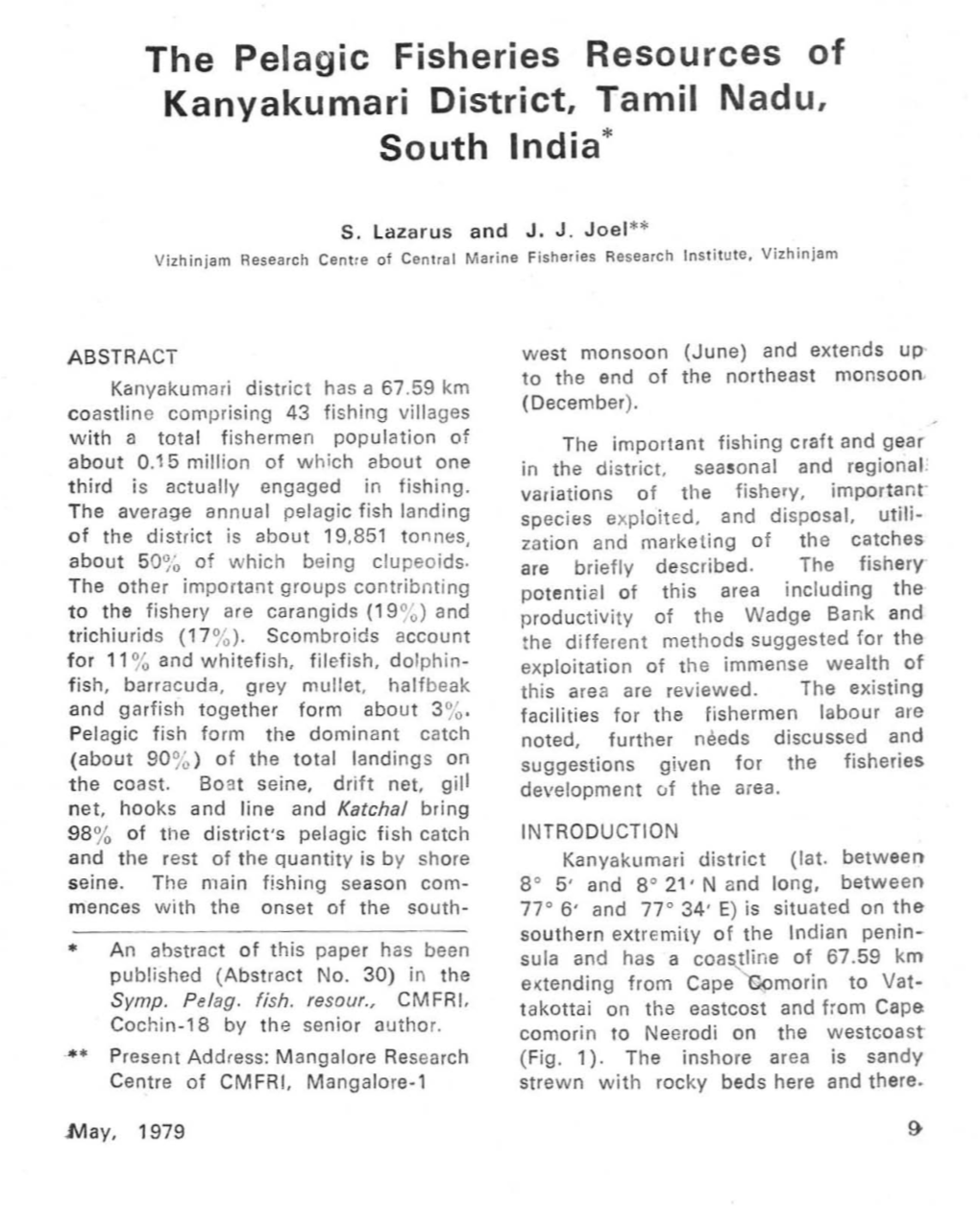 The Pelagic Fisheries Resources of Kanyakumari District, Tamil Nadu