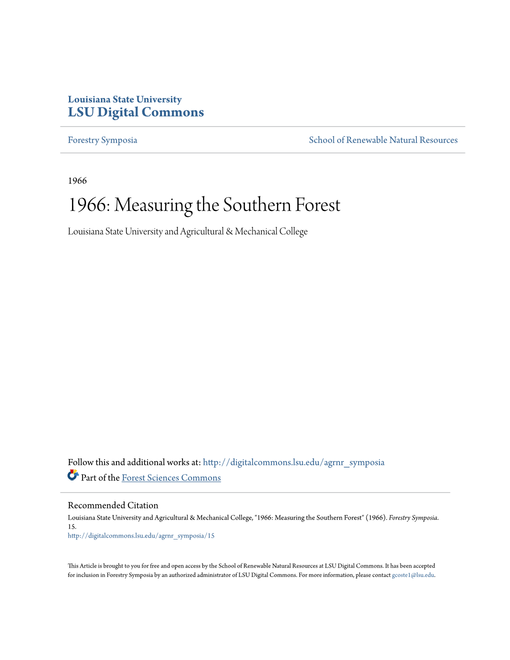 1966: Measuring the Southern Forest Louisiana State University and Agricultural & Mechanical College