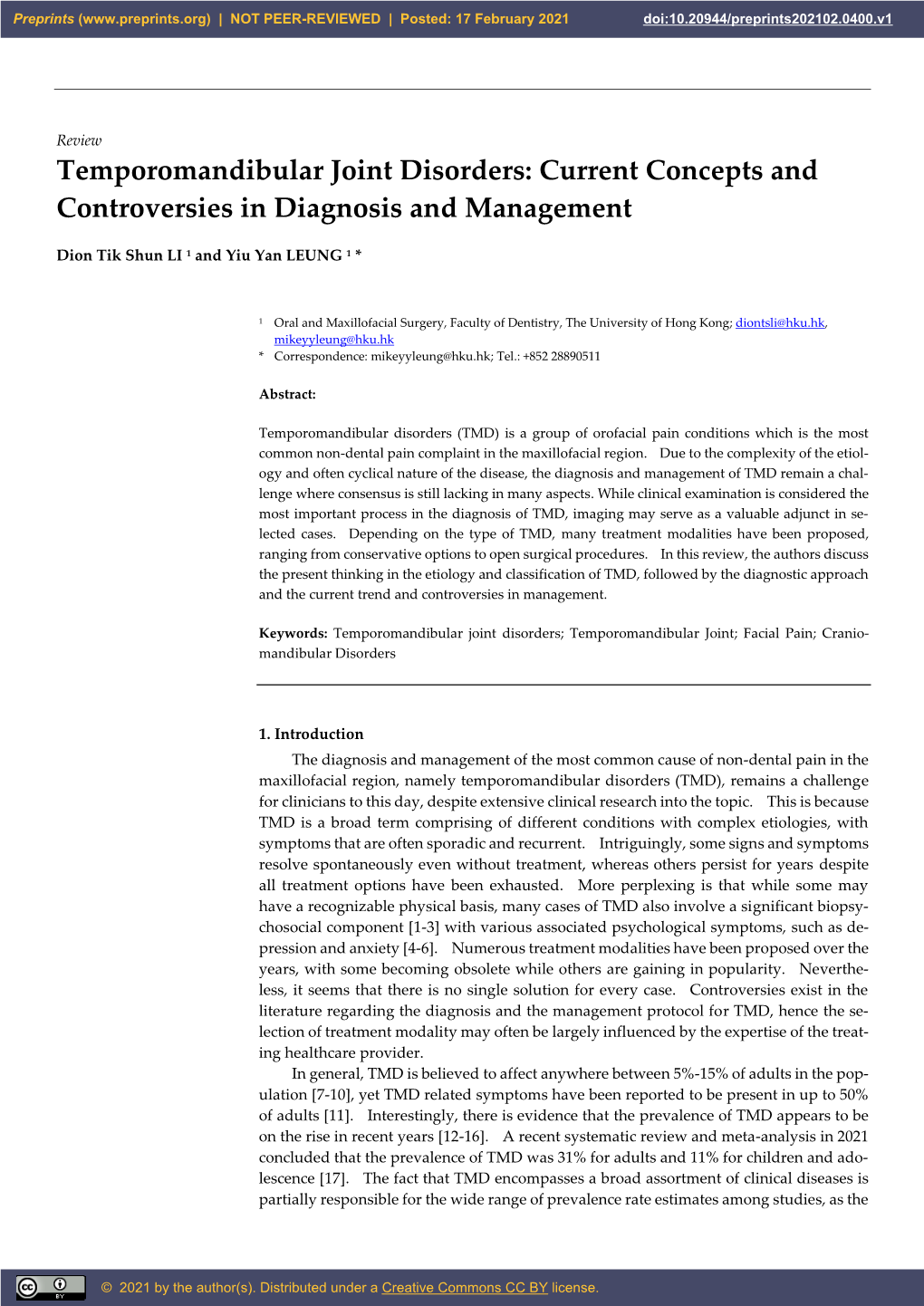 Temporomandibular Joint Disorders: Current Concepts and Controversies in Diagnosis and Management