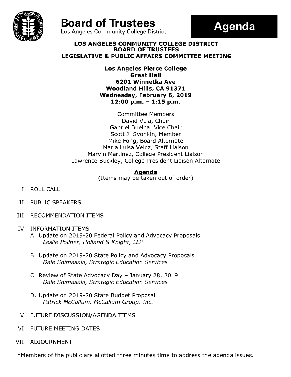 Los Angeles Community College District Board of Trustees Legislative & Public Affairs Committee Meeting