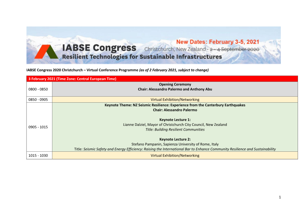 1 IABSE Congress 2020 Christchurch – Virtual Conference Programme (As of 2 February 2021, Subject to Change) 3 February 2021 (