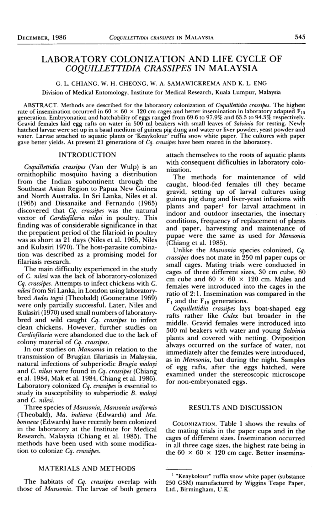 Laboratory Colonization and Life Cycle of Coquillettidia Crassipes in Malaysia