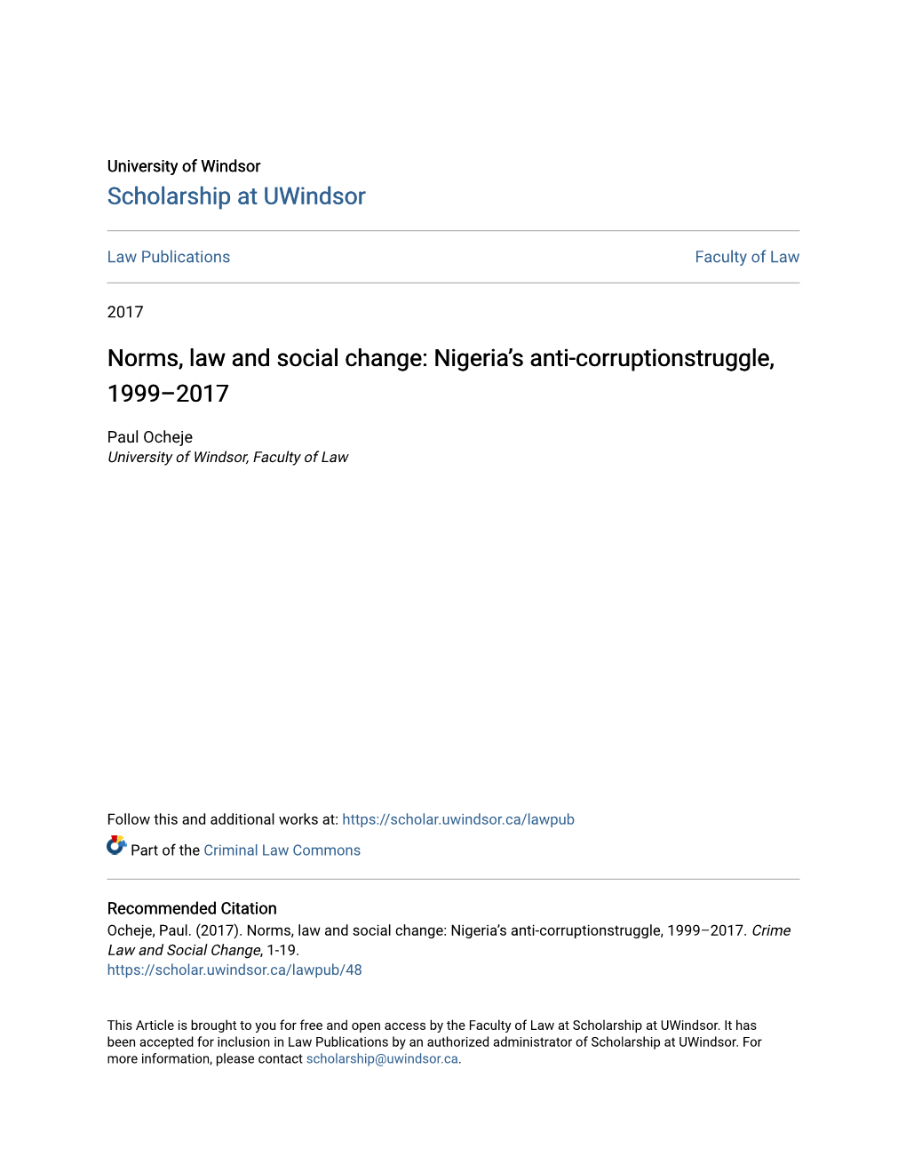 Norms, Law and Social Change: Nigeria’S Anti-Corruptionstruggle, 1999–2017