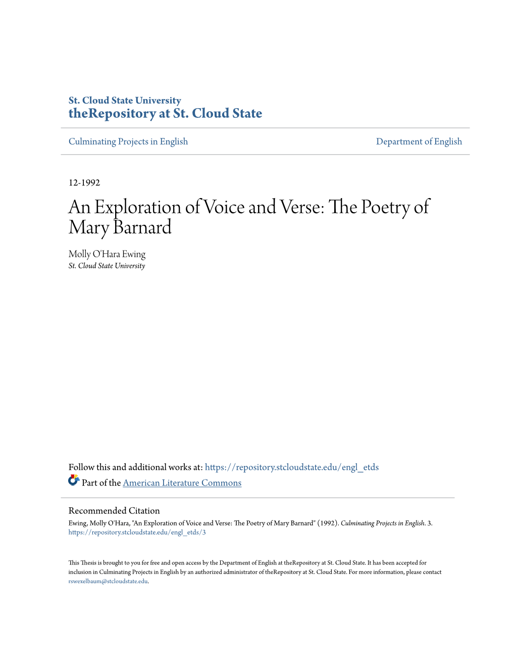 An Exploration of Voice and Verse: the Poetry of Mary Barnard