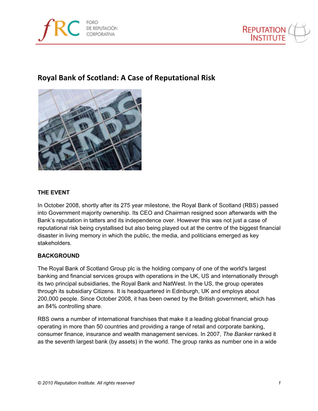 Royal Bank of Scotland: a Case of Reputational Risk