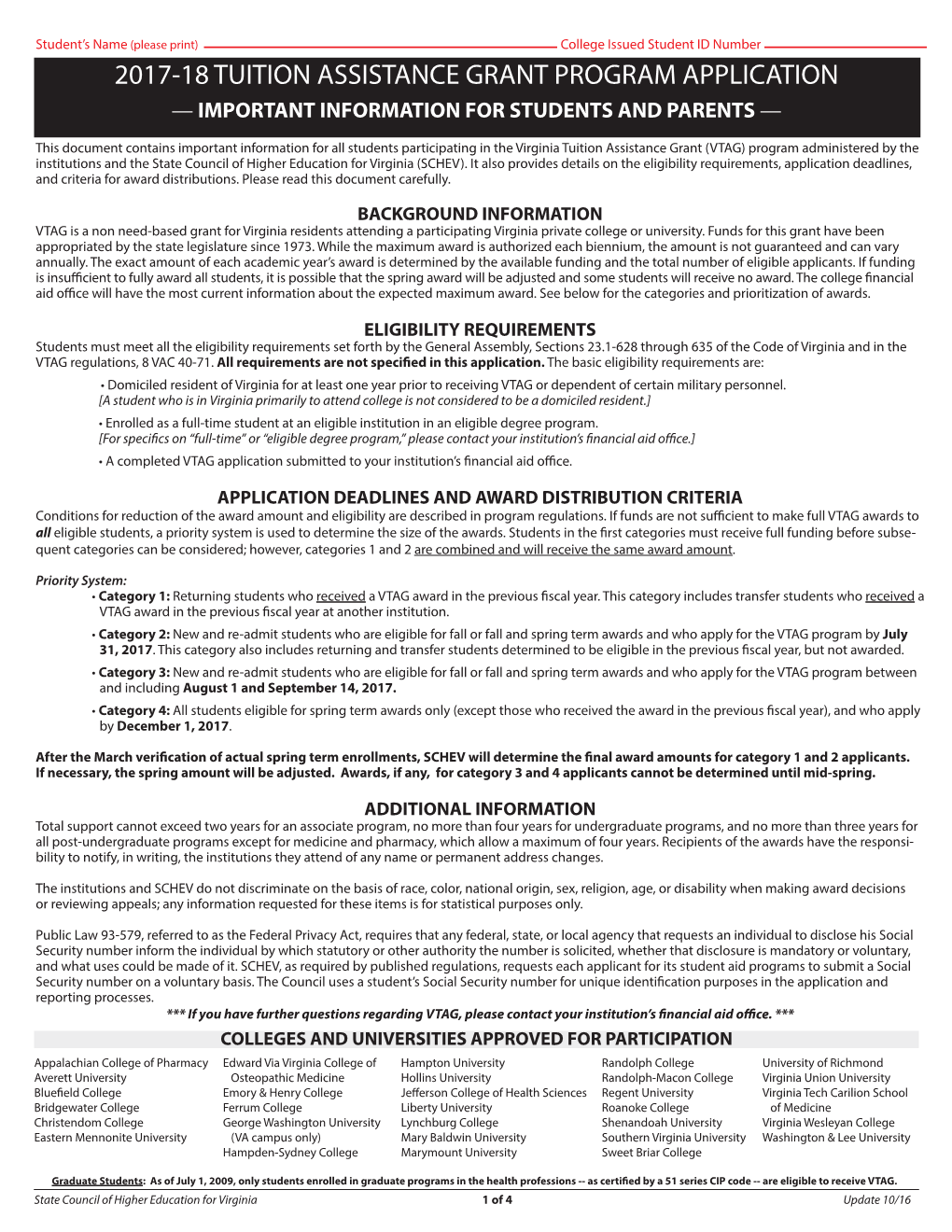 2017-18 Tuition Assistance Grant Program Application — Important Information for Students and Parents —