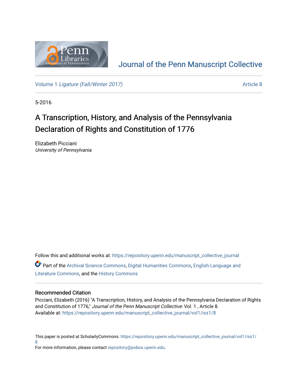 A Transcription, History, and Analysis of the Pennsylvania Declaration of Rights and Constitution of 1776