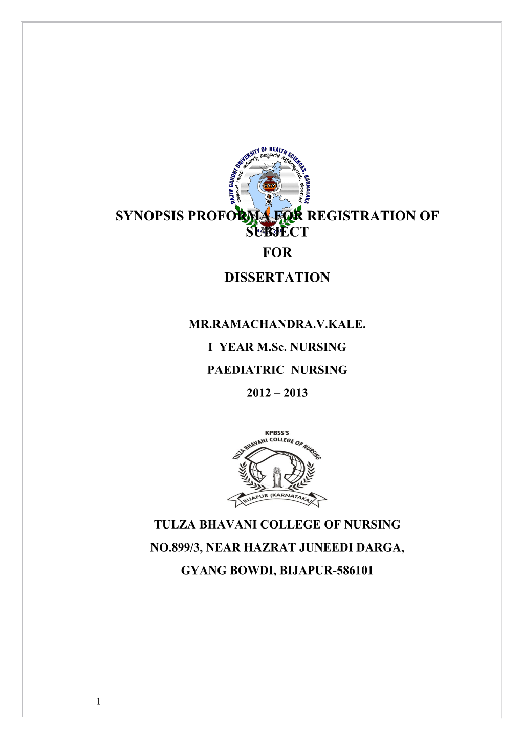 Synopsis Proforma for Registration of Subject