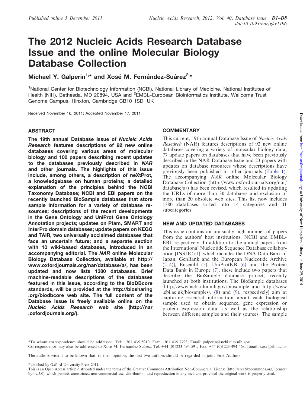 The 2012 Nucleic Acids Research Database Issue and the Online Molecular Biology Database Collection Michael Y