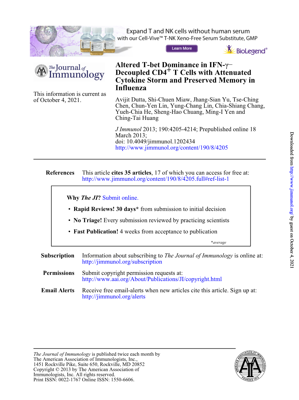 Influenza Cytokine Storm and Preserved Memory in T Cells With