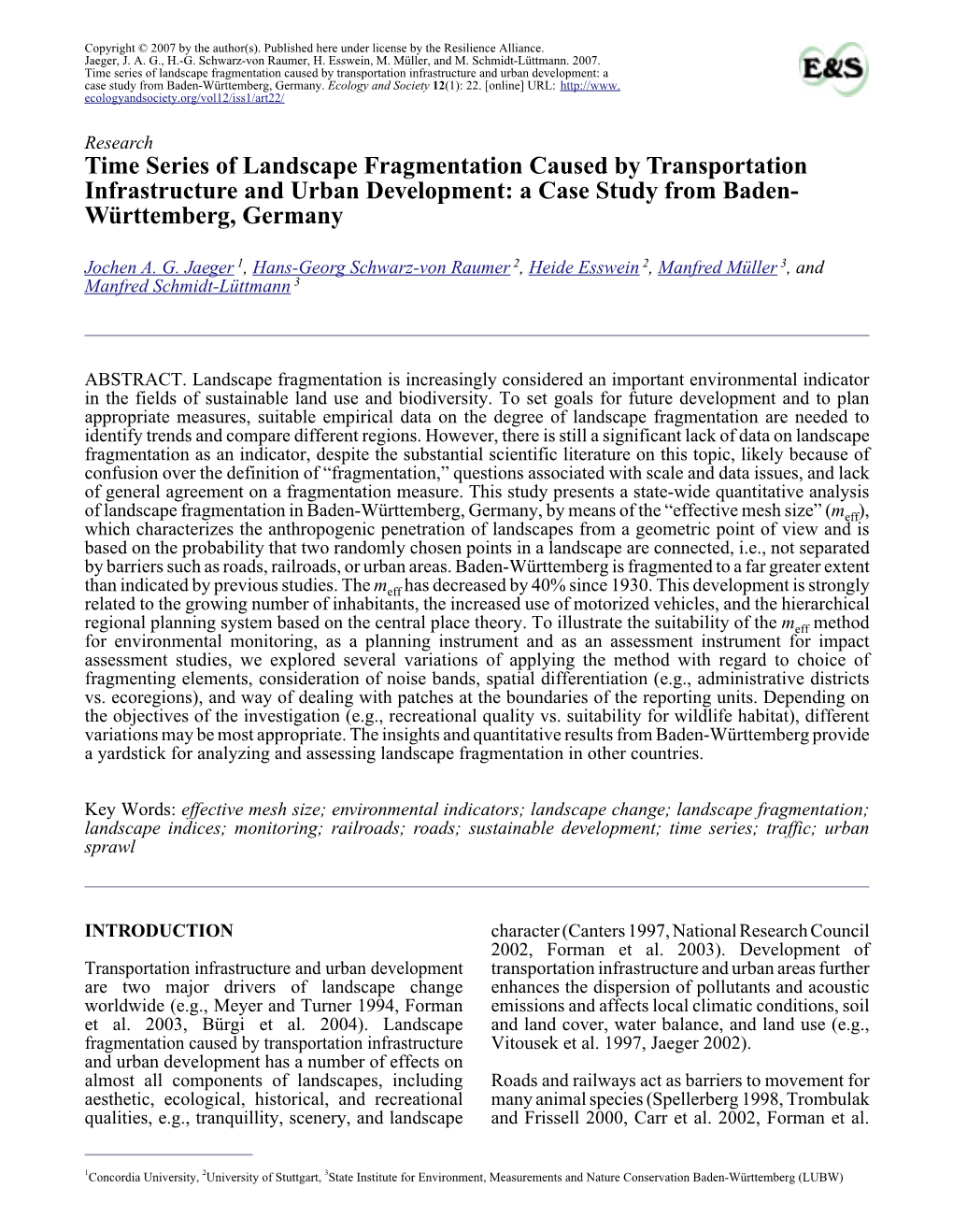 Time Series of Landscape Fragmentation Caused by Transportation Infrastructure and Urban Development: a Case Study from Baden-Württemberg, Germany