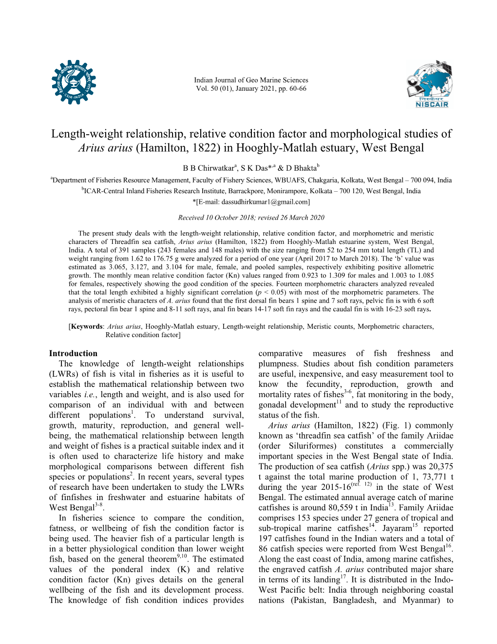 Length-Weight Relationship, Relative Condition Factor and Morphological Studies of Arius Arius (Hamilton, 1822) in Hooghly-Matlah Estuary, West Bengal