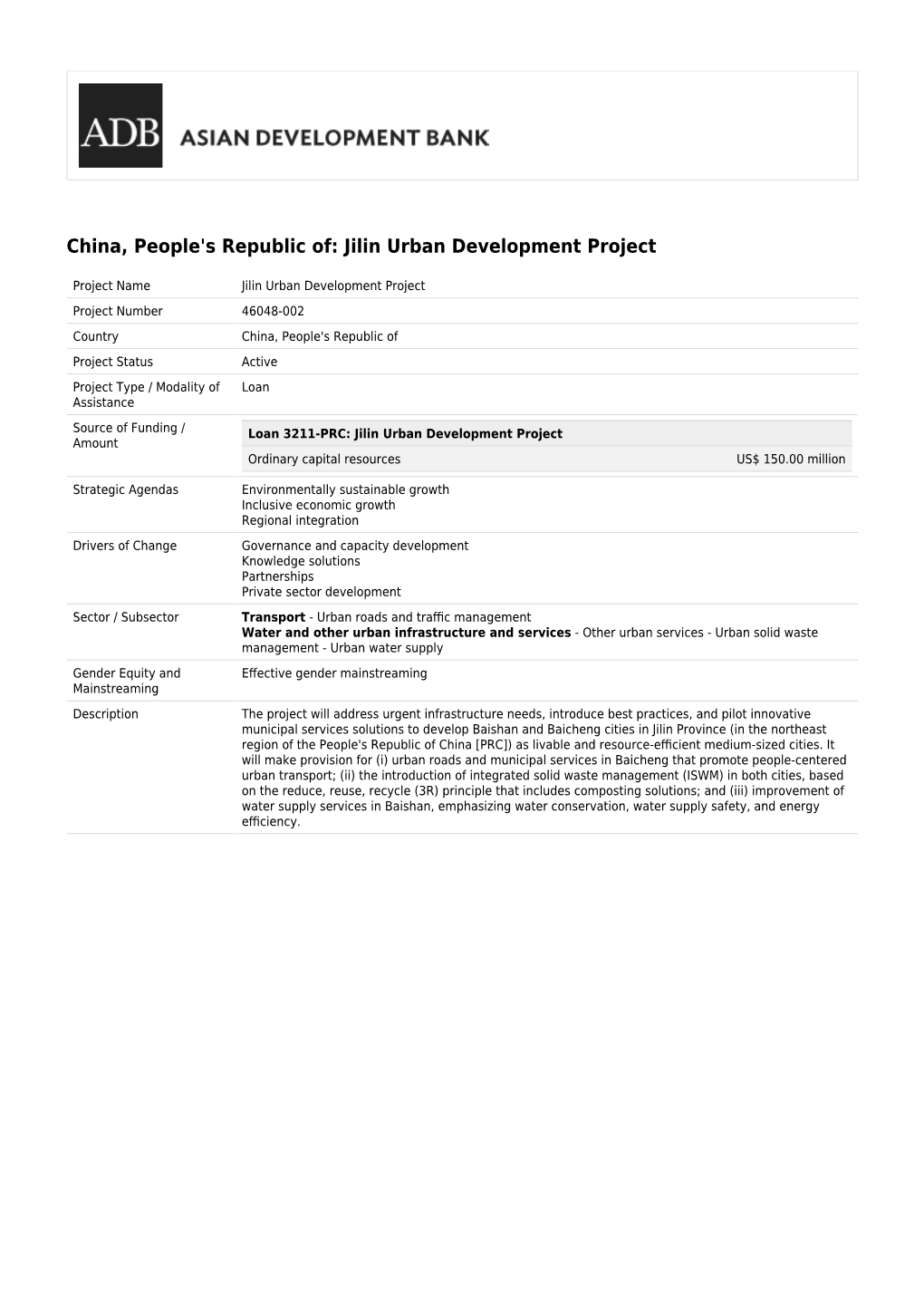 Jilin Urban Development Project