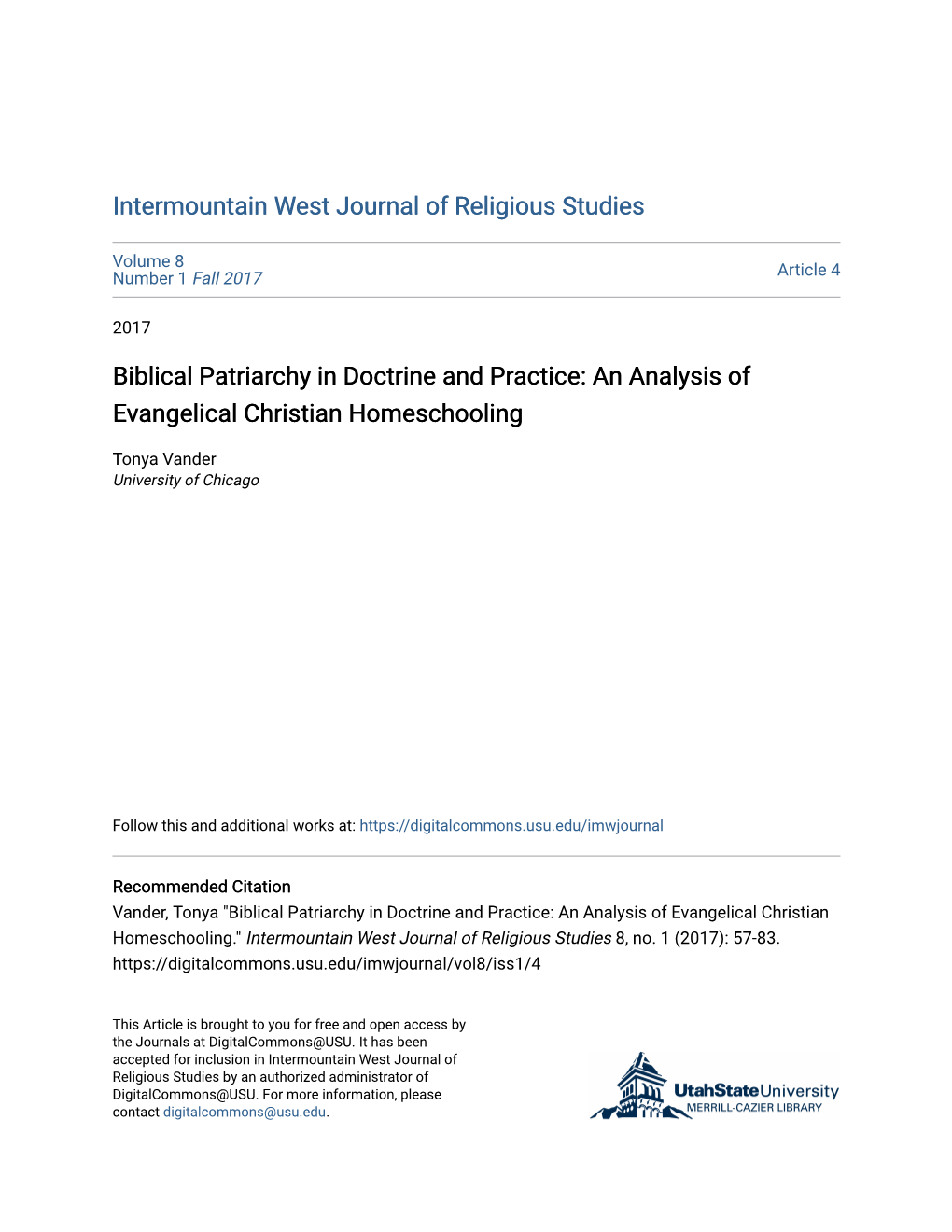 Biblical Patriarchy in Doctrine and Practice: an Analysis of Evangelical Christian Homeschooling